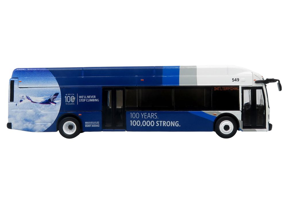 New Flyer Xcelsior XN40 Transit Bus "Delta Air Lines 100th Anniversary" Blue and White with Graphics "The Bus & Motorcoach Collection" Limited Edition 1/87 (HO) Scale Diecast Model by Iconic Replicas view 2