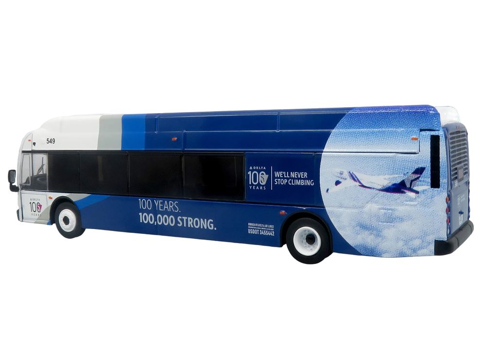 New Flyer Xcelsior XN40 Transit Bus "Delta Air Lines 100th Anniversary" Blue and White with Graphics "The Bus & Motorcoach Collection" Limited Edition 1/87 (HO) Scale Diecast Model by Iconic Replicas view 3