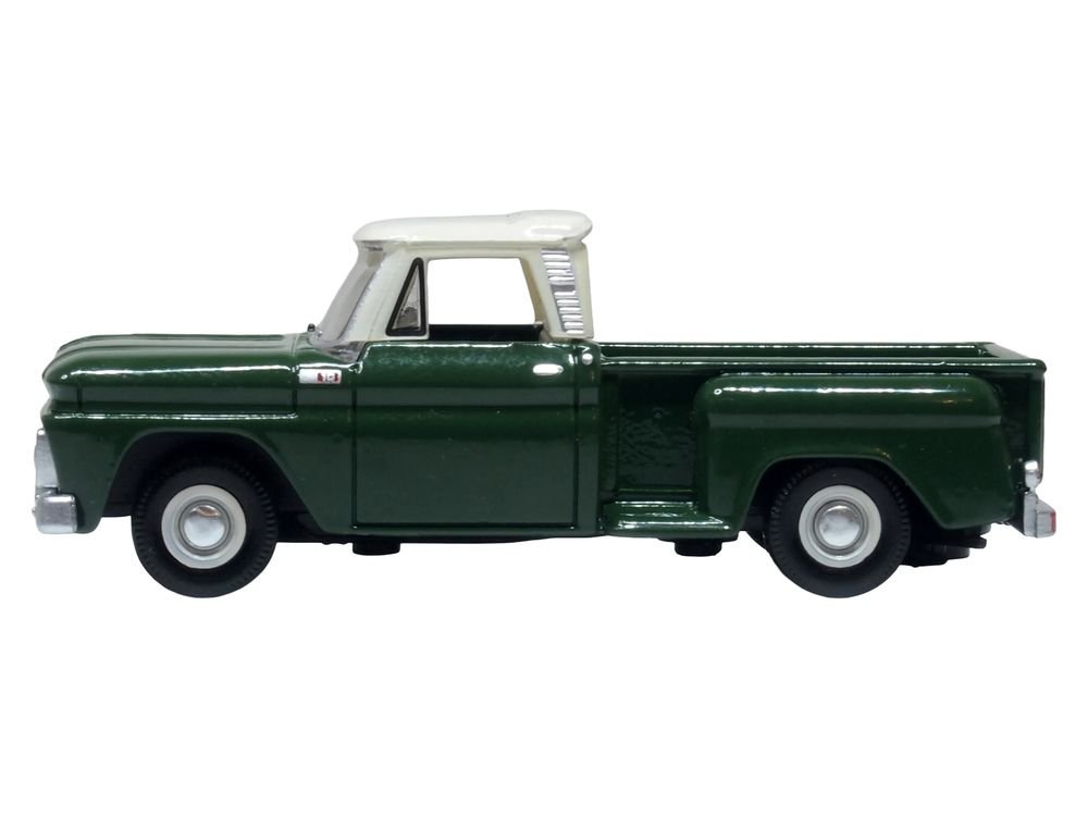 1965 Chevrolet C10 Stepside Pickup Truck Dark Green with Ivory Top 1/87 (HO) Scale Diecast Model Car by Oxford Diecast view 2