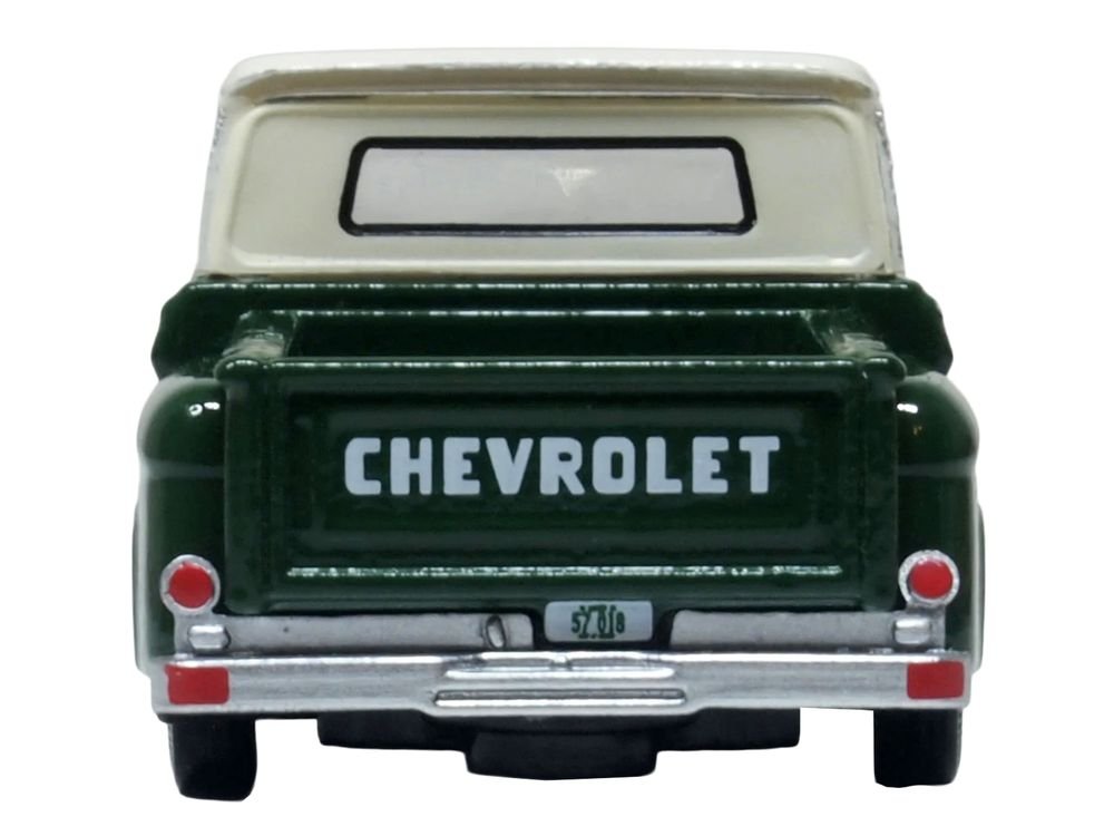 1965 Chevrolet C10 Stepside Pickup Truck Dark Green with Ivory Top 1/87 (HO) Scale Diecast Model Car by Oxford Diecast view 3