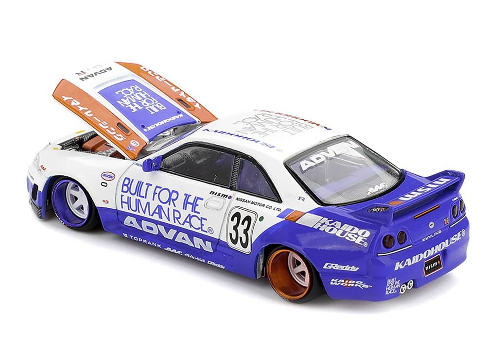 Nissan Skyline GT-R (R33) RHD (Right Hand Drive) #33 "BFTHR V1" Blue and White with Graphics (Designed by Jun Imai) "Kaido House" Special 1/64 Diecast Model Car by Mini GT view 4