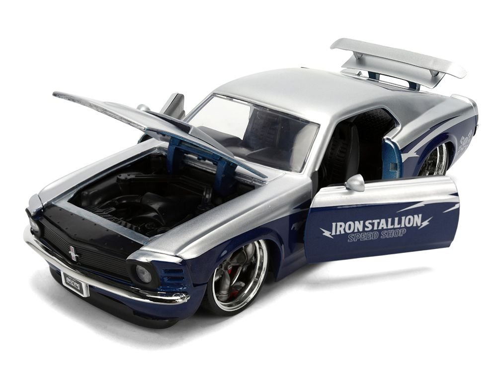 1970 Ford Mustang Boss 429 "Iron Stallion Speed Shop" Silver and Dark Blue Metallic "Bigtime Muscle" Series 1/24 Diecast Model Car by Jada view 2