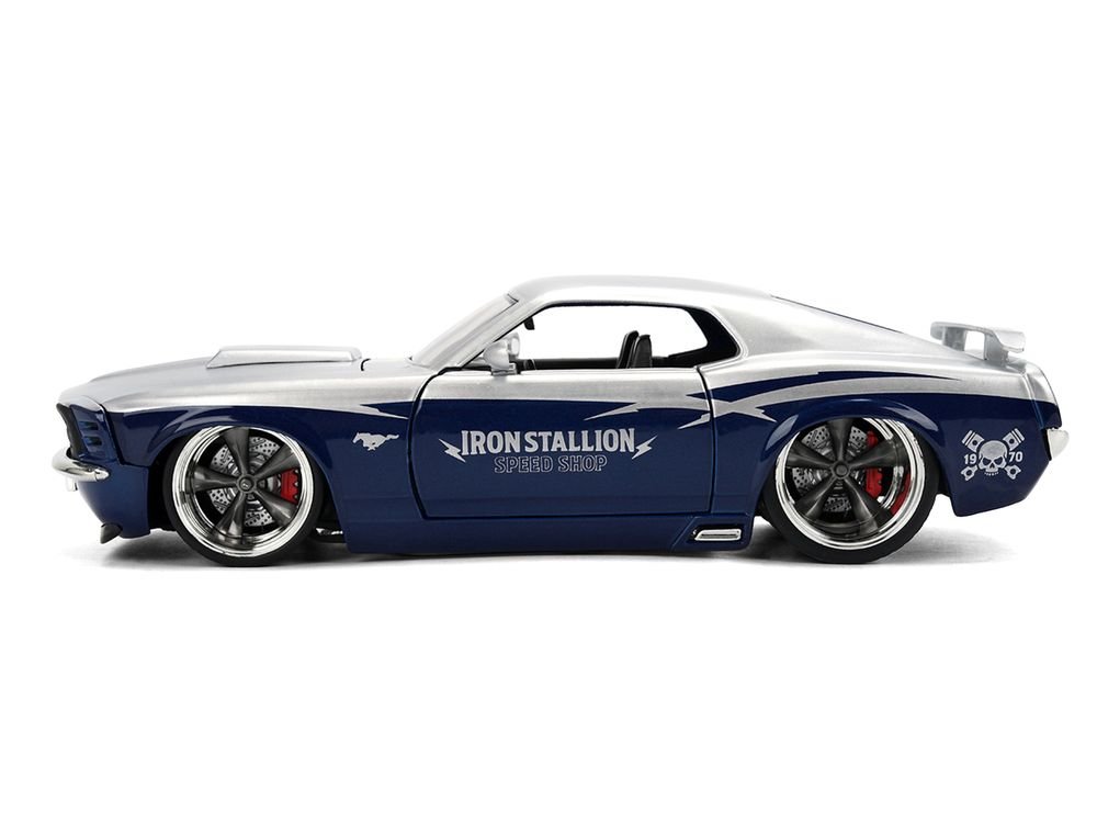 1970 Ford Mustang Boss 429 "Iron Stallion Speed Shop" Silver and Dark Blue Metallic "Bigtime Muscle" Series 1/24 Diecast Model Car by Jada view 3