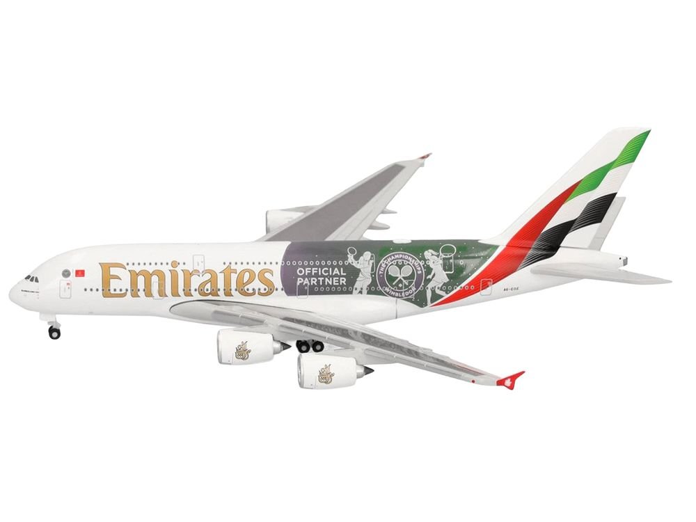 Airbus A380-800 Commercial Aircraft "Emirates Airlines - Wimbledon Official Partner" (A6-EOE) White with Graphics 1/500 Diecast Model Airplane by Herpa view 2