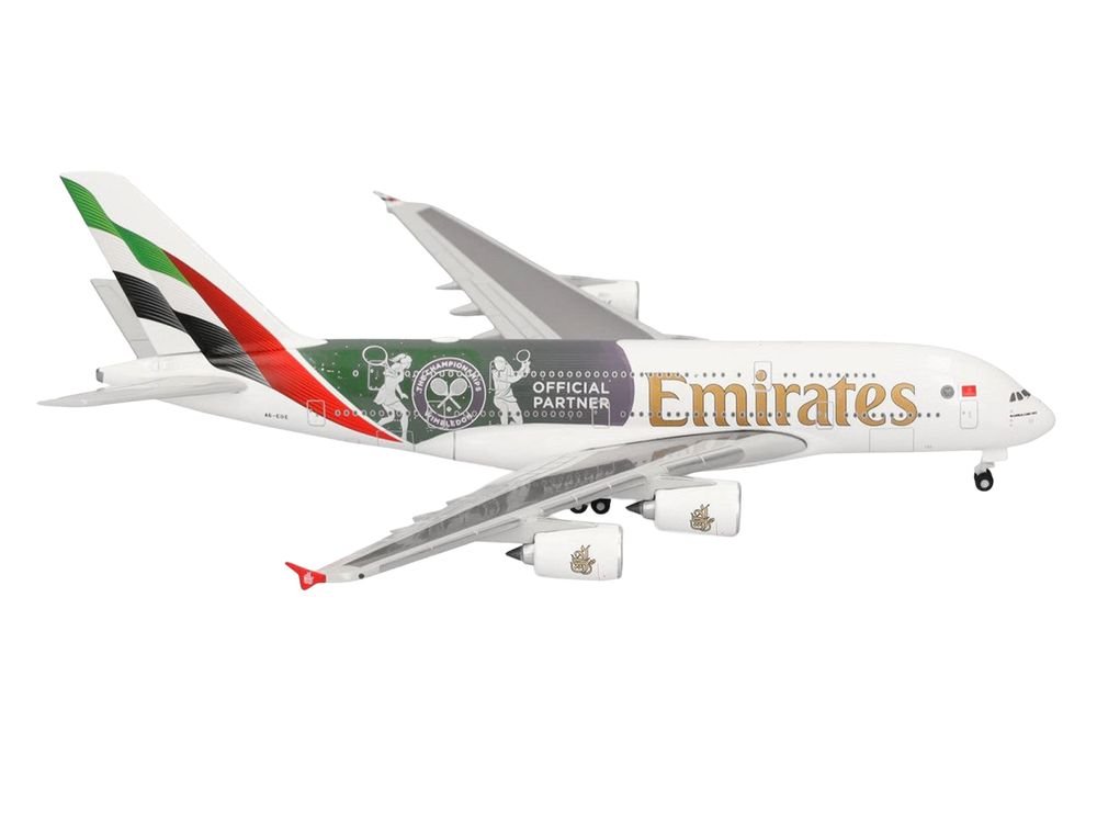 Airbus A380-800 Commercial Aircraft "Emirates Airlines - Wimbledon Official Partner" (A6-EOE) White with Graphics 1/500 Diecast Model Airplane by Herpa view 3