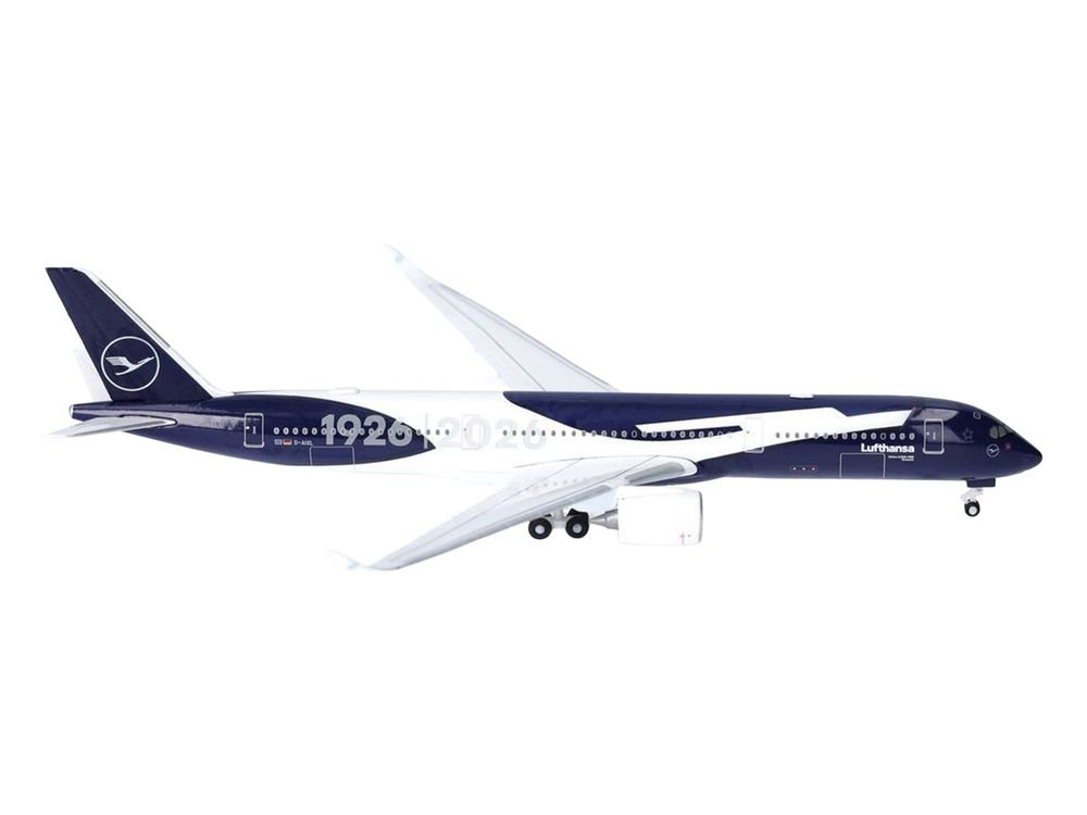 Airbus A350-900 Commercial Aircraft "Lufthansa 100 Years" (D-AIXL) Blue with Graphics 1/500 Diecast Model Airplane by Herpa view 3