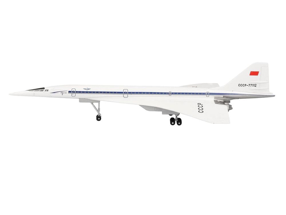 Tupolev Tu-144D Commercial Aircraft "Aeroflt - Technik Museum Sinsheim" (CCCP-77112) White with Blue Stripes 1/400 Diecast Model Airplane by Herpa view 2
