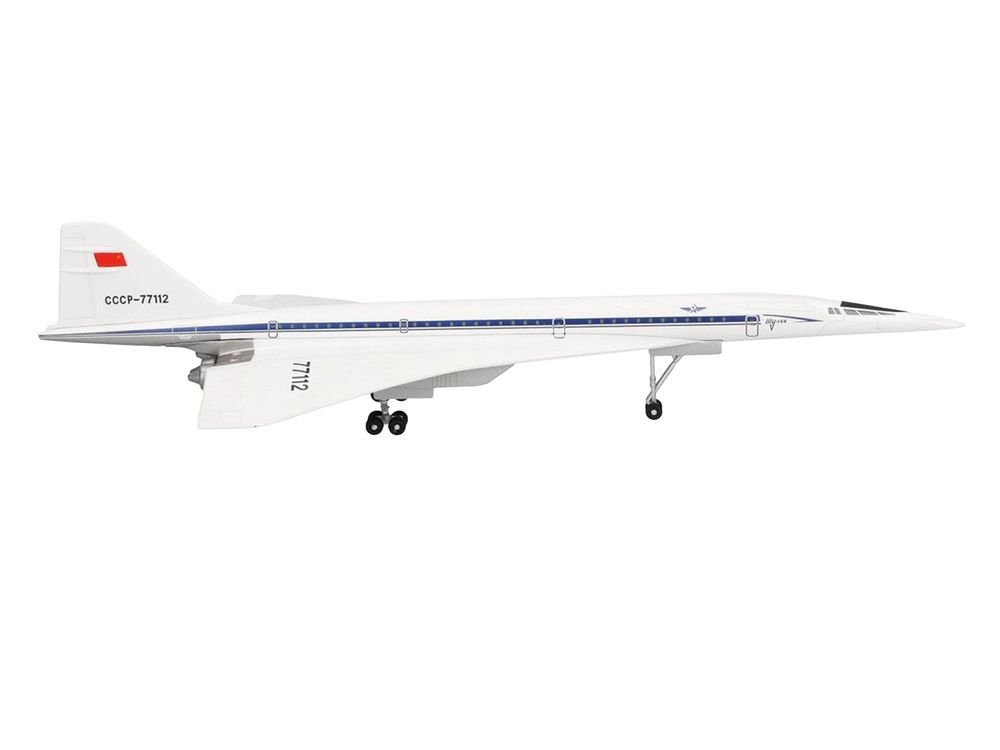 Tupolev Tu-144D Commercial Aircraft "Aeroflt - Technik Museum Sinsheim" (CCCP-77112) White with Blue Stripes 1/400 Diecast Model Airplane by Herpa view 3
