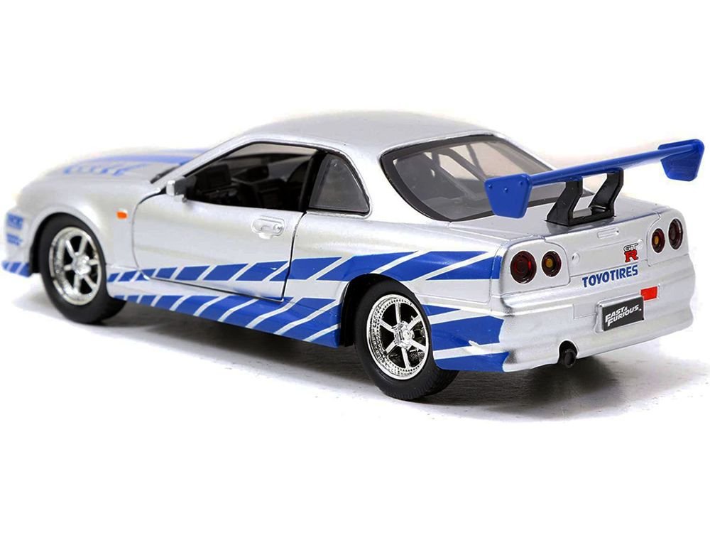 Brian's Nissan Skyline GT-R (R34) RHD (Right Hand Drive) Silver Metallic with Blue Stripes "2 Fast 2 Furious" (2003) Movie "Fast & Furious 25th Anniversary" Series 1/32 Diecast Car Model by Jada view 3
