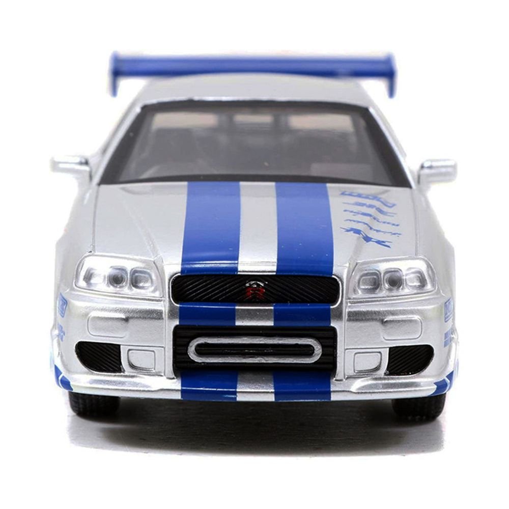 Brian's Nissan Skyline GT-R (R34) RHD (Right Hand Drive) Silver Metallic with Blue Stripes "2 Fast 2 Furious" (2003) Movie "Fast & Furious 25th Anniversary" Series 1/32 Diecast Car Model by Jada view 4