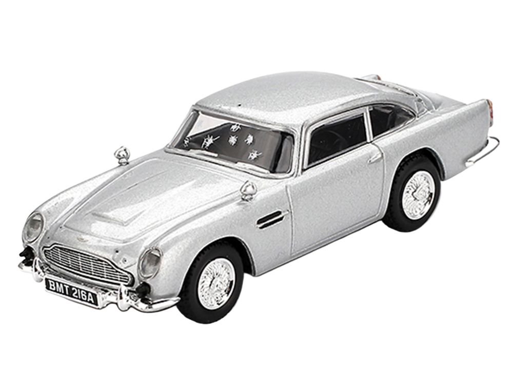 Aston Martin DB5 RHD (Right Hand Drive) Birch Silver Metallic (Damaged) 007 James Bond "Skyfall" (2012) Movie Limited Edition 1/64 Diecast Model Car by Mini GT view 2
