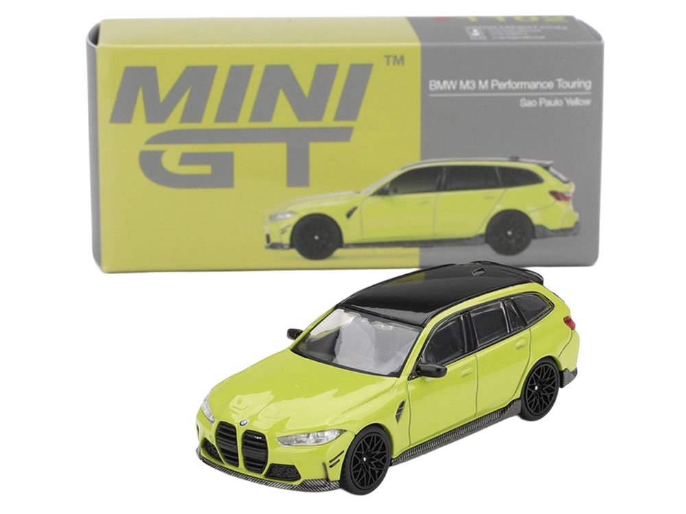 BMW M3 M Performance Touring Sao Paulo Yellow with Black Top Limited Edition 1/64 Diecast Model Car by Mini GT view 4