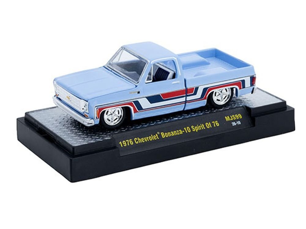 1976 Chevrolet Silverado Bonanza-10 Pickup Truck "Spirit of '76" Light Blue with Red White and Blue Graphics Limited Edition to 11770 pieces Worldwide 1/64 Diecast Model Car by M2 Machines view 2