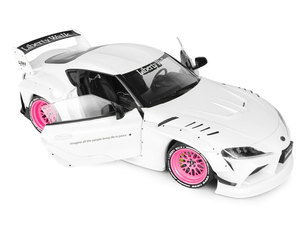 2025 Toyota GR Supra "Liberty Walk" Body Kit White Metallic with Pink Wheels 1/18 Diecast Model Car by Solido view 2