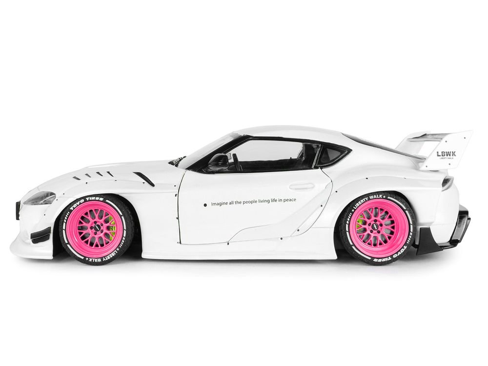 2025 Toyota GR Supra "Liberty Walk" Body Kit White Metallic with Pink Wheels 1/18 Diecast Model Car by Solido view 3