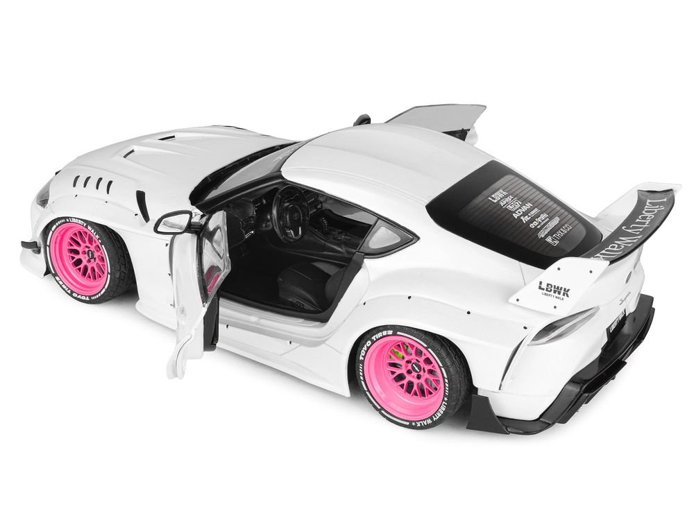 2025 Toyota GR Supra "Liberty Walk" Body Kit White Metallic with Pink Wheels 1/18 Diecast Model Car by Solido view 4