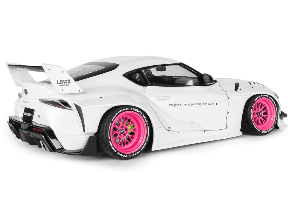 2025 Toyota GR Supra "Liberty Walk" Body Kit White Metallic with Pink Wheels 1/18 Diecast Model Car by Solido view 5