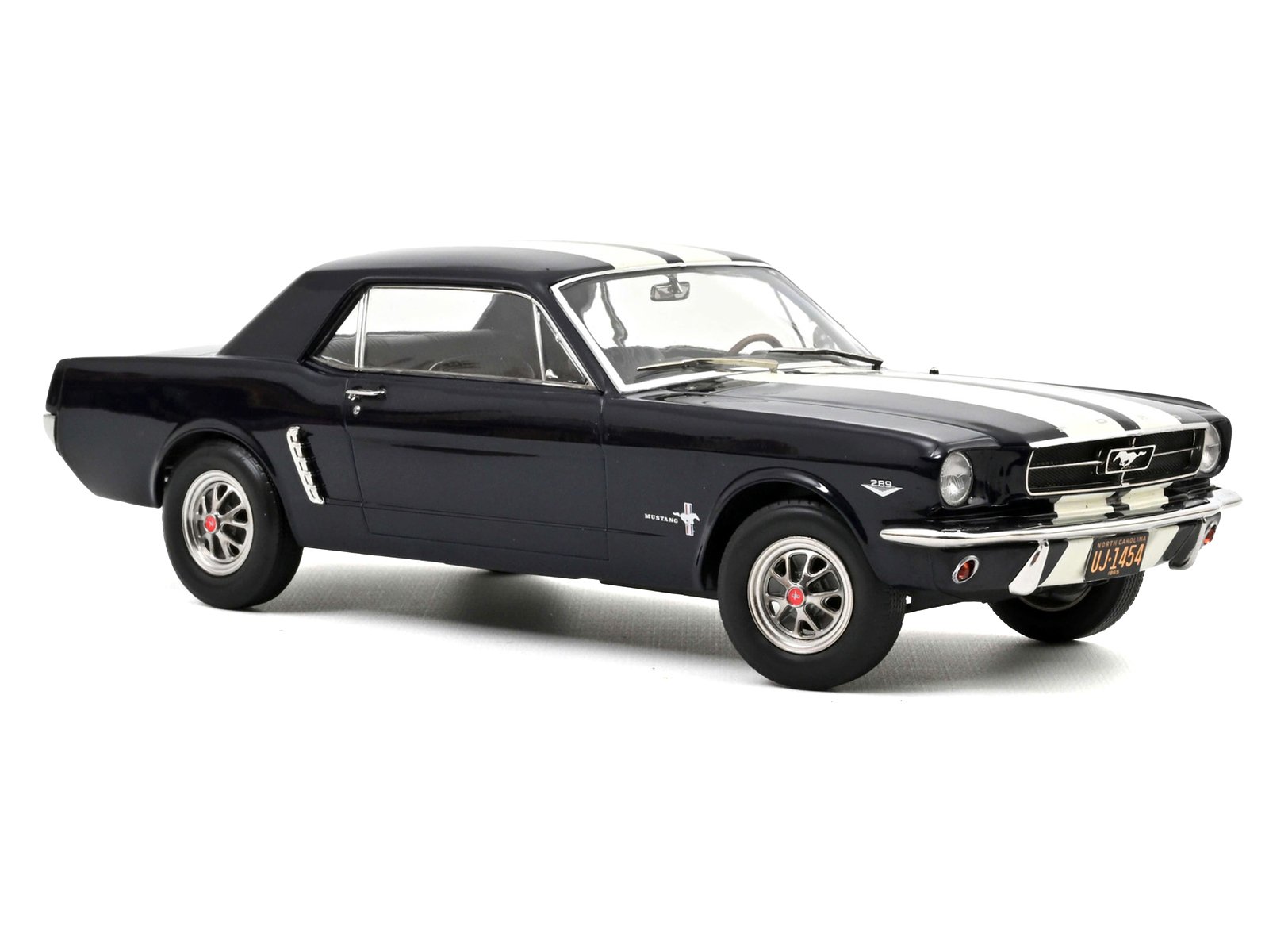 1965 Ford Mustang Hardtop Coupe Nightmist Blue Metallic with White Stripes 1/18 Diecast Model Car by Norev view 2