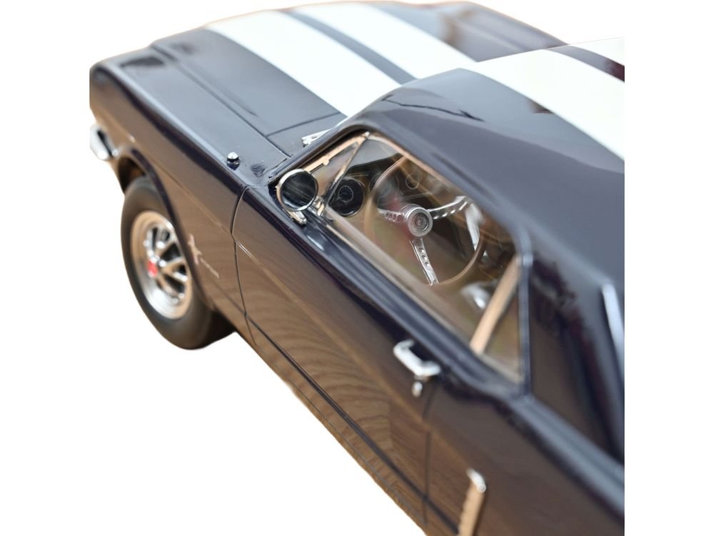 1965 Ford Mustang Hardtop Coupe Nightmist Blue Metallic with White Stripes 1/18 Diecast Model Car by Norev view 3