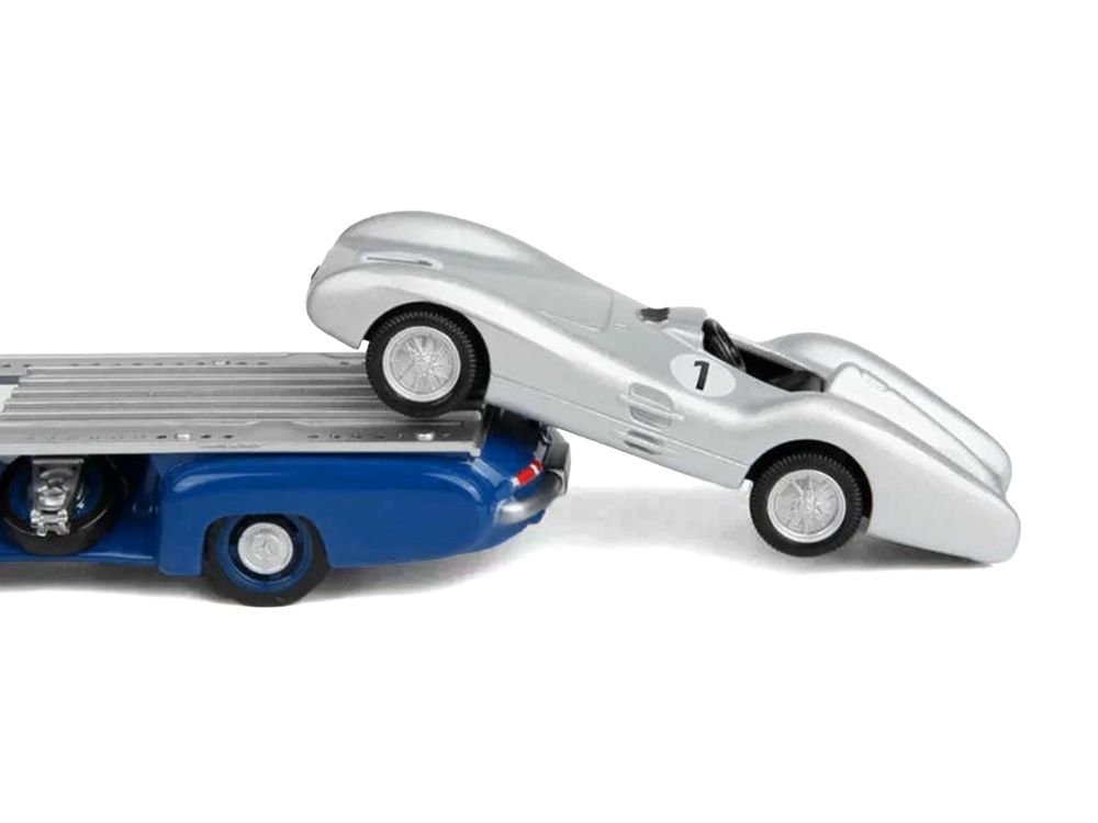 Mercedes-Benz Renntransporter Flatbed Truck Blue and 1954 Mercedes-Benz W196 #1 Silver Metallic 1/64 Diecast Model Car by Norev view 2