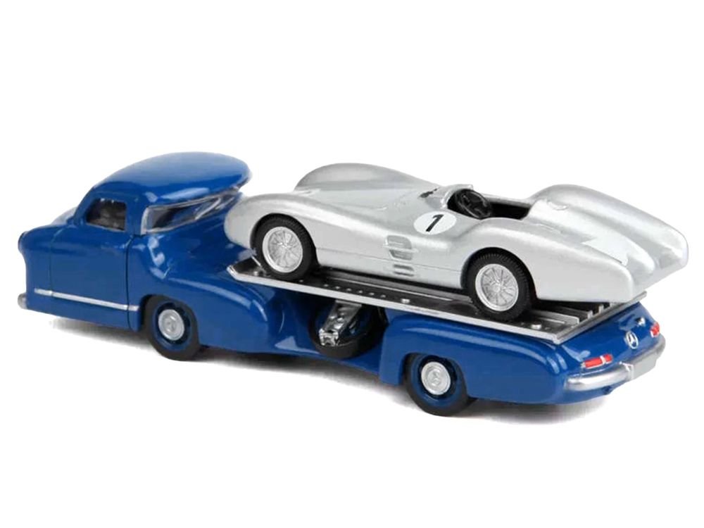 Mercedes-Benz Renntransporter Flatbed Truck Blue and 1954 Mercedes-Benz W196 #1 Silver Metallic 1/64 Diecast Model Car by Norev view 3