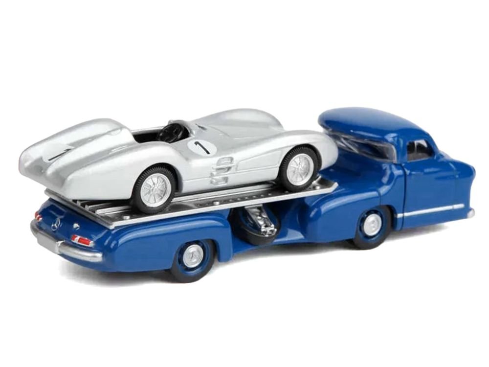 Mercedes-Benz Renntransporter Flatbed Truck Blue and 1954 Mercedes-Benz W196 #1 Silver Metallic 1/64 Diecast Model Car by Norev view 4