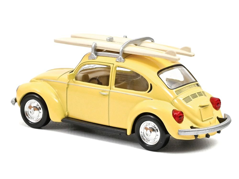 1973 Volkswagen Beetle 1303 Pastel Yellow with Roof Rack and 2 Surfboards 1/43 Diecast Model Car by Norev view 2