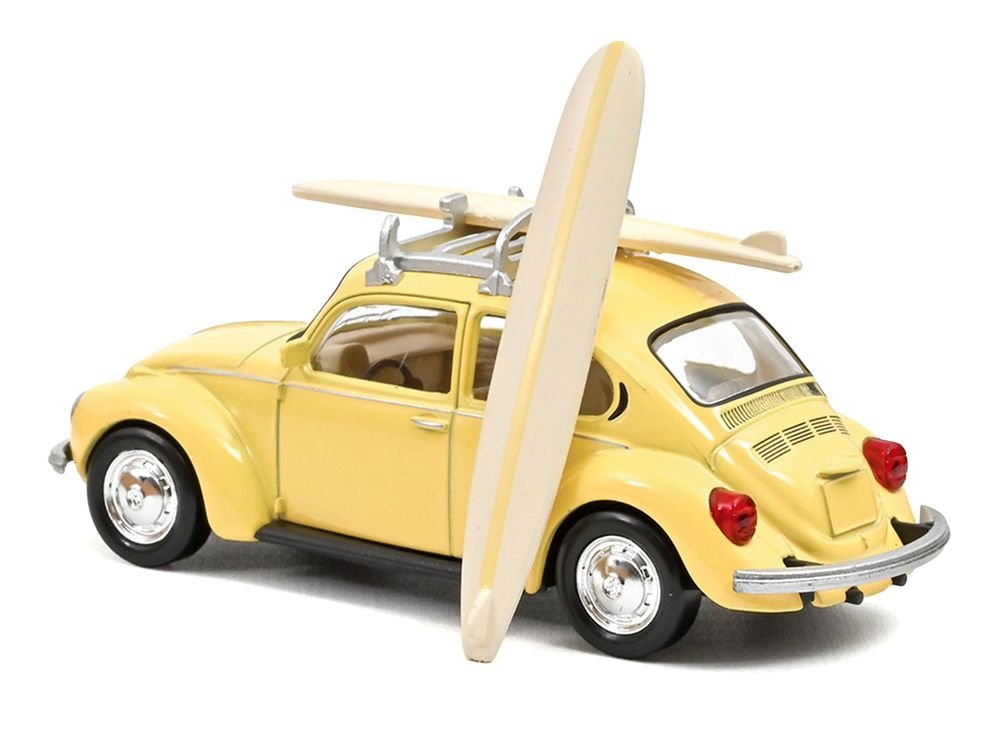 1973 Volkswagen Beetle 1303 Pastel Yellow with Roof Rack and 2 Surfboards 1/43 Diecast Model Car by Norev view 3