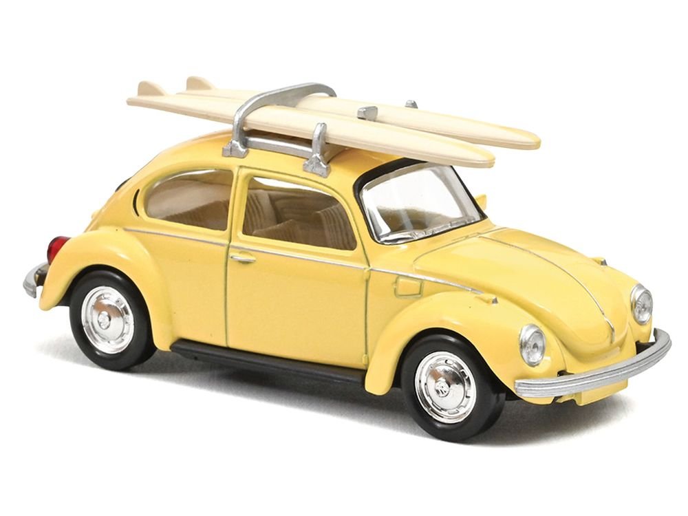 1973 Volkswagen Beetle 1303 Pastel Yellow with Roof Rack and 2 Surfboards 1/43 Diecast Model Car by Norev view 4