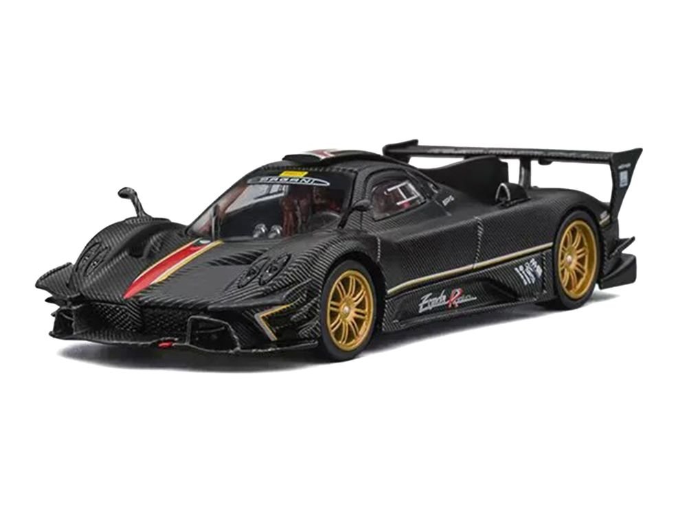 Pagani Zonda Revolucion Carbon with Red and Gold Stripes and Extra Wheels 1/64 Diecast Model Car by CM Models view 2