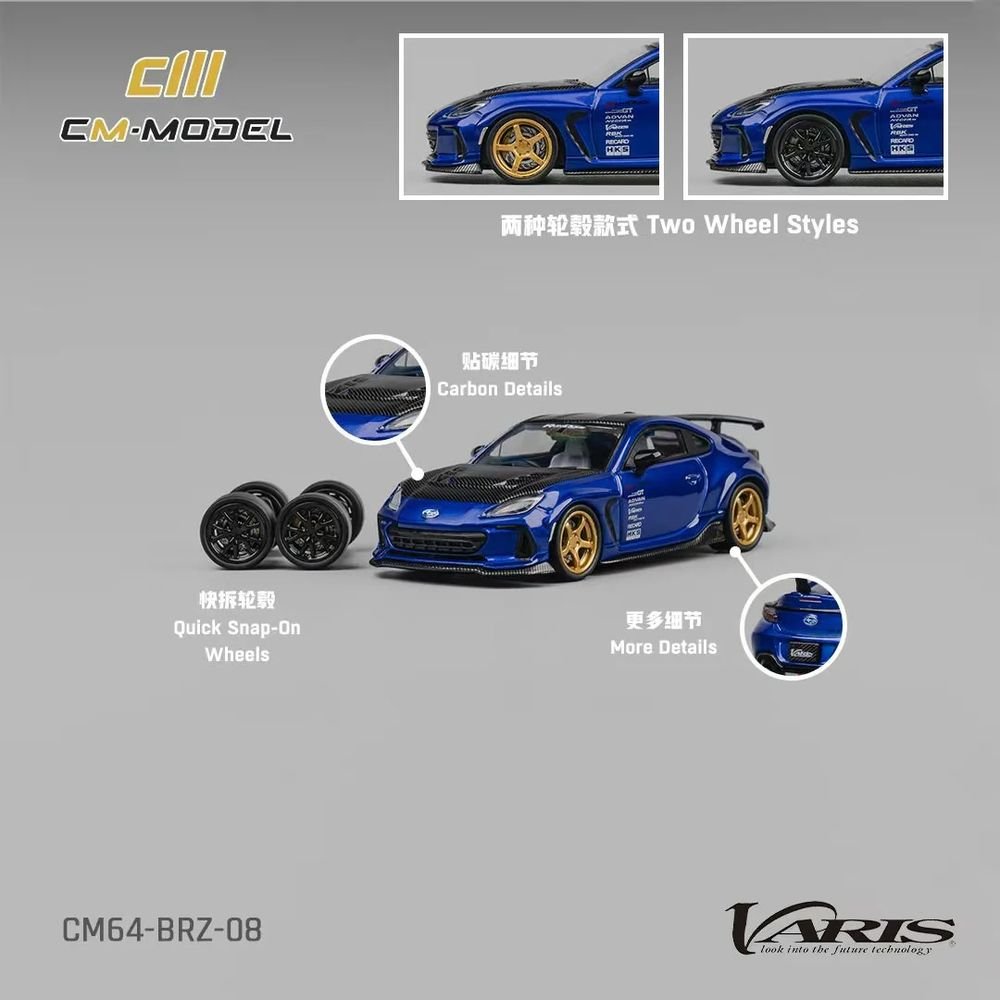 Subaru BRZ Varis Arising-1 RHD (Right Hand Drive) Blue Metallic with Carbon Hood and Top and Extra Wheels 1/64 Diecast Model Car by CM Models view 5