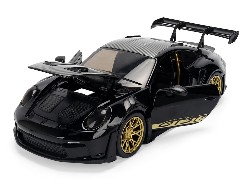 Porsche 911 (992) GT3 RS Black with Carbon Top and Hood Stripes and Gold Wheels "Hyper-Spec" 1/24 Diecast Model Car by Jada view 2