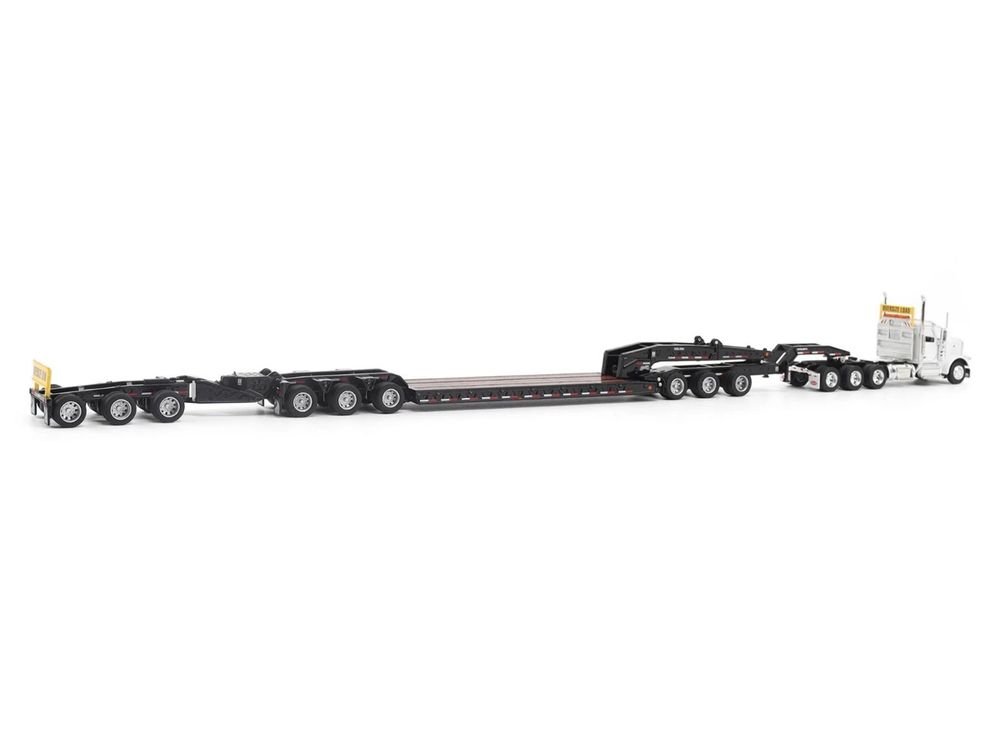 Peterbilt 589 Tridem-Axle Truck Tractor with Day Cab and Trail King TK170 Hydraulic Detachable Gooseneck Lowboy Trailer with Jeep and Booster White "Transport Series" 1/64 Diecast Model by Diecast Masters view 2