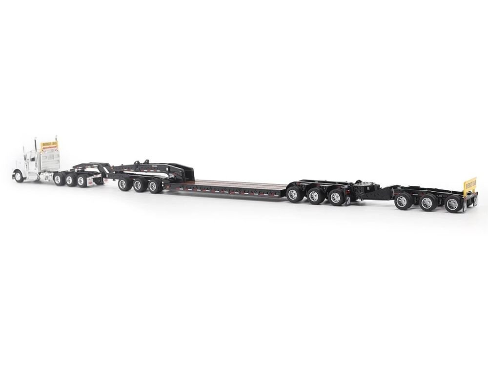 Peterbilt 589 Tridem-Axle Truck Tractor with Day Cab and Trail King TK170 Hydraulic Detachable Gooseneck Lowboy Trailer with Jeep and Booster White "Transport Series" 1/64 Diecast Model by Diecast Masters view 3