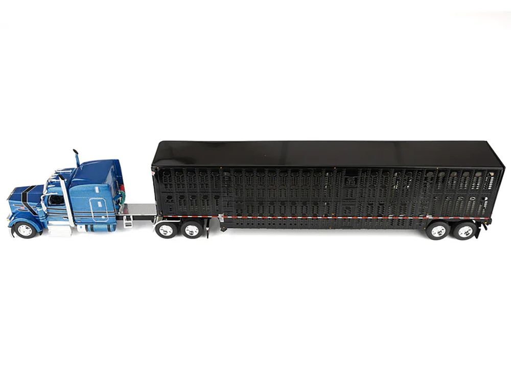 Peterbilt 589 with 72" Mid-Roof Sleeper and Wilson Silverstar Livestock Trailer Bright Blue with Black Stripes and Trailer 1/64 Diecast Model by DCP/First Gear view 2