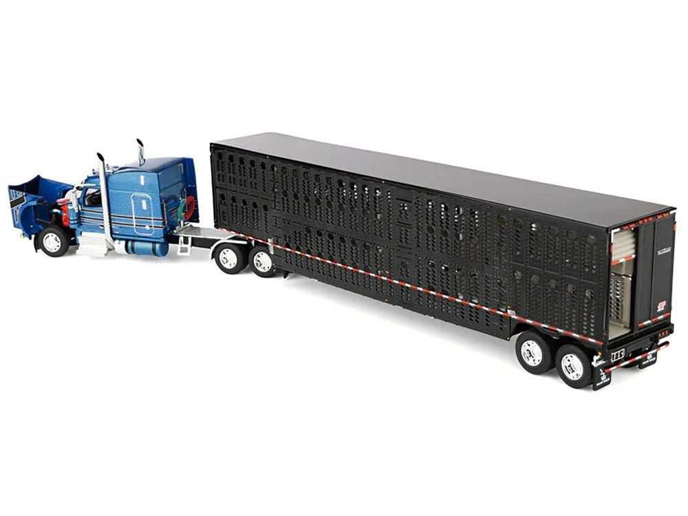 Peterbilt 589 with 72" Mid-Roof Sleeper and Wilson Silverstar Livestock Trailer Bright Blue with Black Stripes and Trailer 1/64 Diecast Model by DCP/First Gear view 3