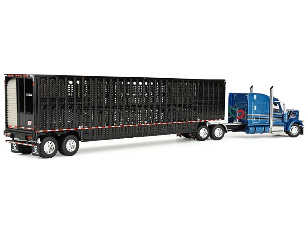 Peterbilt 589 with 72" Mid-Roof Sleeper and Wilson Silverstar Livestock Trailer Bright Blue with Black Stripes and Trailer 1/64 Diecast Model by DCP/First Gear view 4