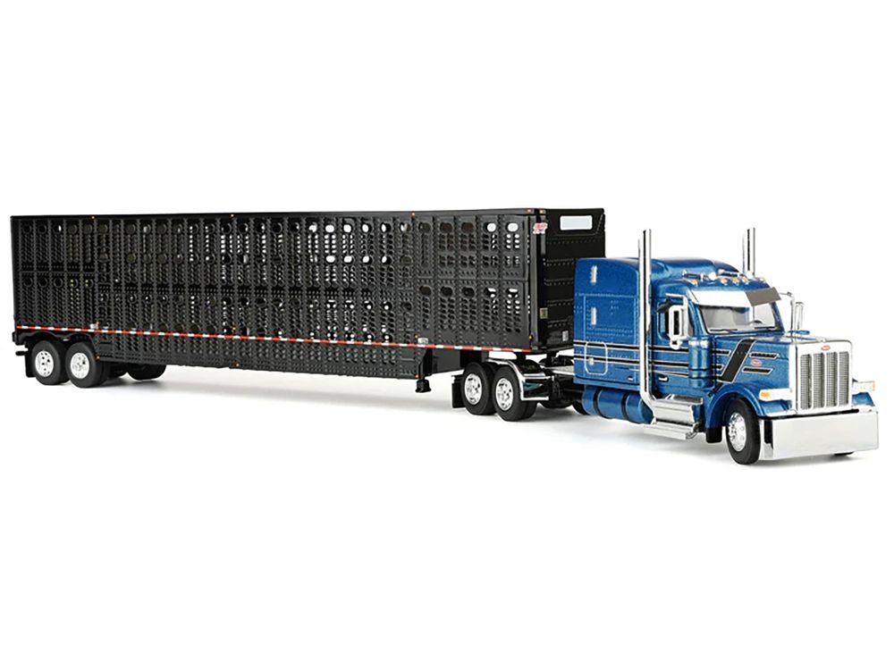 Peterbilt 589 with 72" Mid-Roof Sleeper and Wilson Silverstar Livestock Trailer Bright Blue with Black Stripes and Trailer 1/64 Diecast Model by DCP/First Gear view 5
