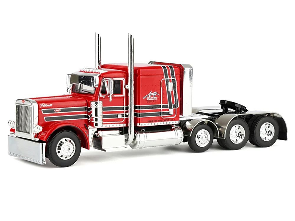 Peterbilt 379 with 63" Flat Top Sleeper and Fontaine Magnitude Lowboy Trailer with Fliptail "Anty Trucking & Rigging" Red with Black Stripes 1/64 Diecast Model by DCP/First Gear view 2