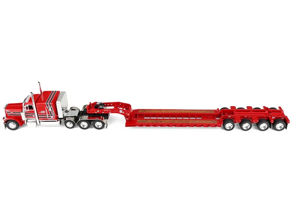 Peterbilt 379 with 63" Flat Top Sleeper and Fontaine Magnitude Lowboy Trailer with Fliptail "Anty Trucking & Rigging" Red with Black Stripes 1/64 Diecast Model by DCP/First Gear view 3
