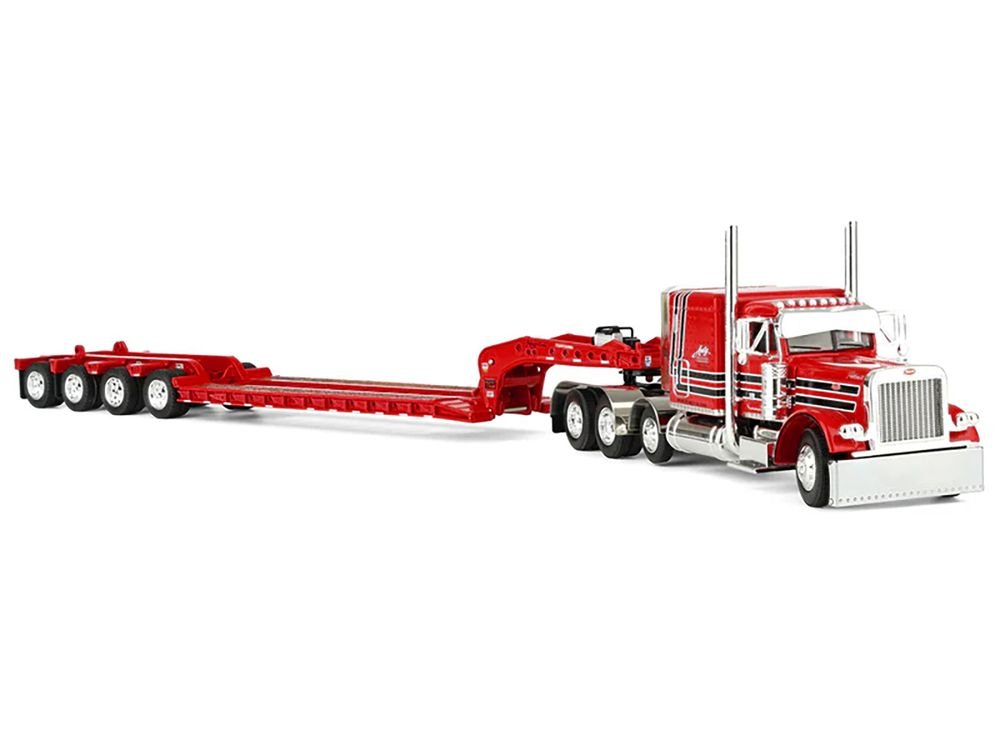 Peterbilt 379 with 63" Flat Top Sleeper and Fontaine Magnitude Lowboy Trailer with Fliptail "Anty Trucking & Rigging" Red with Black Stripes 1/64 Diecast Model by DCP/First Gear view 4