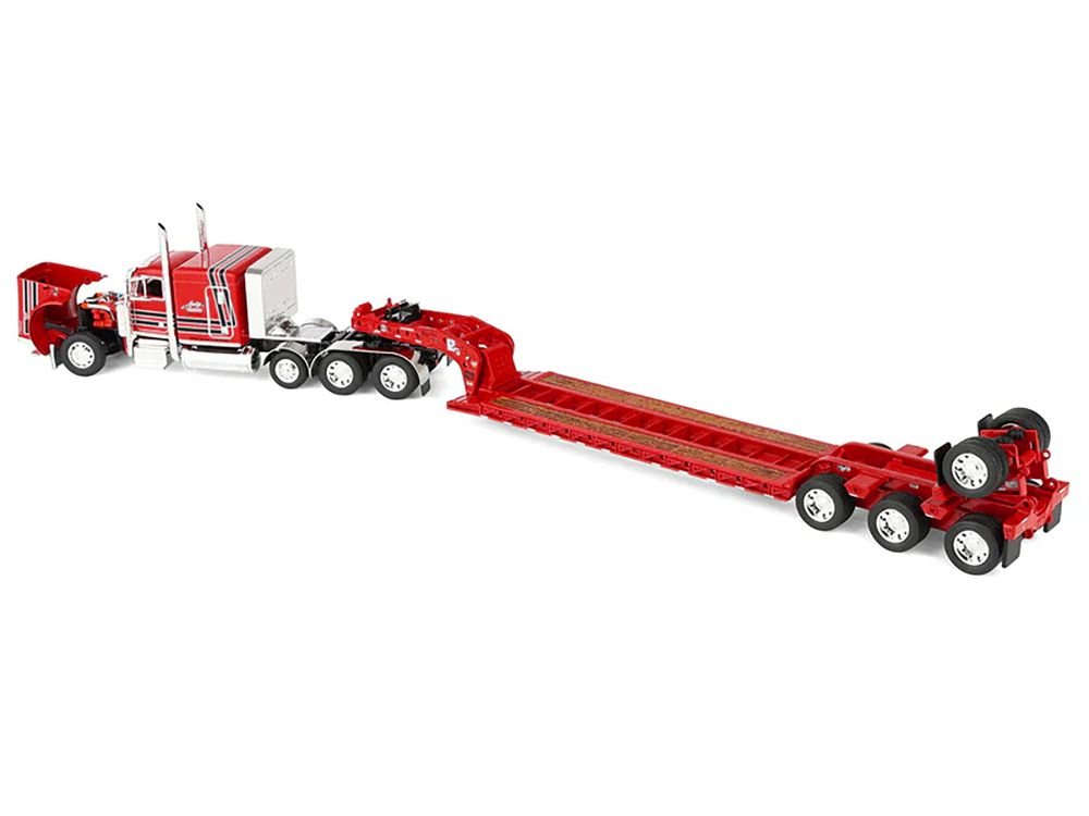 Peterbilt 379 with 63" Flat Top Sleeper and Fontaine Magnitude Lowboy Trailer with Fliptail "Anty Trucking & Rigging" Red with Black Stripes 1/64 Diecast Model by DCP/First Gear view 5
