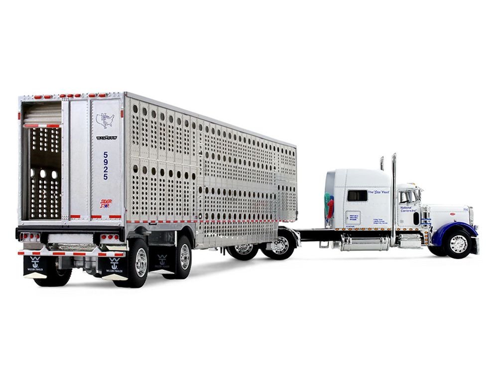 Peterbilt 379 with 70" Mid-Roof Sleeper and Wilson Silverstar Livestock Trailer "National Carriers" White "Legacy Series #5" 1/64 Diecast Model by DCP/First Gear view 3