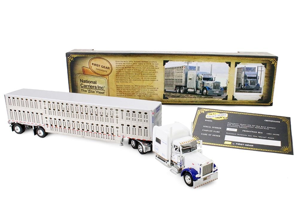 Peterbilt 379 with 70" Mid-Roof Sleeper and Wilson Silverstar Livestock Trailer "National Carriers" White "Legacy Series #5" 1/64 Diecast Model by DCP/First Gear view 5