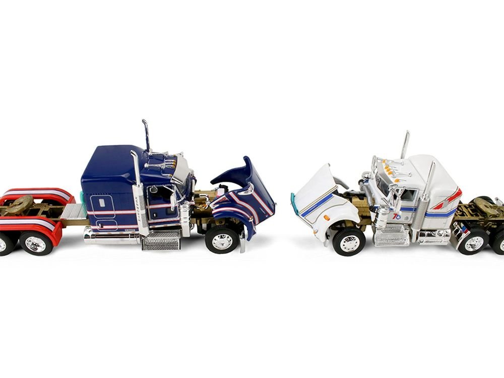 Kenworth W900L with 72" Aerocab Flat Top Sleeper Blue with White Stripes and Fontaine Magnitude Lowboy Trailer with Kenworth W900A Load White with Blue and Red Stripes "America 250" 1/64 Diecast Model by DCP/First Gear view 2