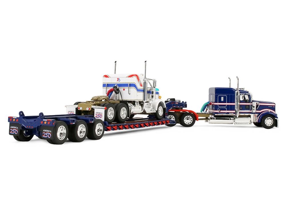 Kenworth W900L with 72" Aerocab Flat Top Sleeper Blue with White Stripes and Fontaine Magnitude Lowboy Trailer with Kenworth W900A Load White with Blue and Red Stripes "America 250" 1/64 Diecast Model by DCP/First Gear view 3