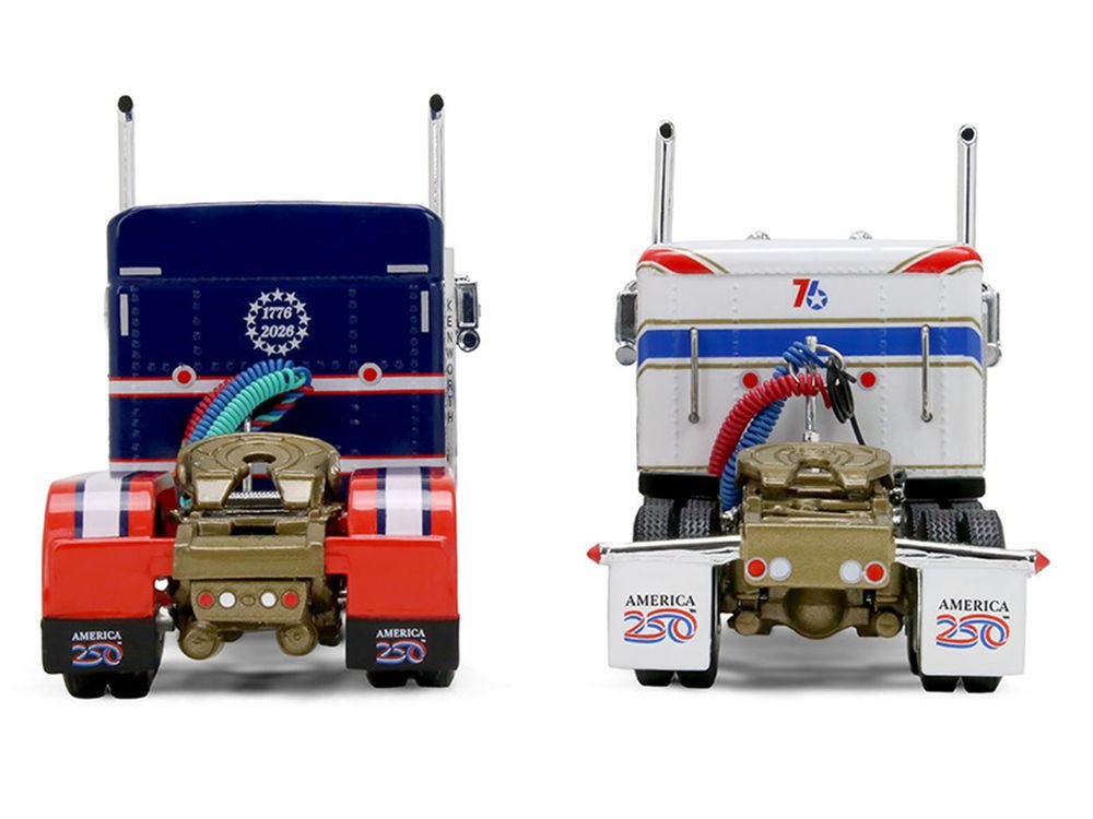 Kenworth W900L with 72" Aerocab Flat Top Sleeper Blue with White Stripes and Fontaine Magnitude Lowboy Trailer with Kenworth W900A Load White with Blue and Red Stripes "America 250" 1/64 Diecast Model by DCP/First Gear view 4