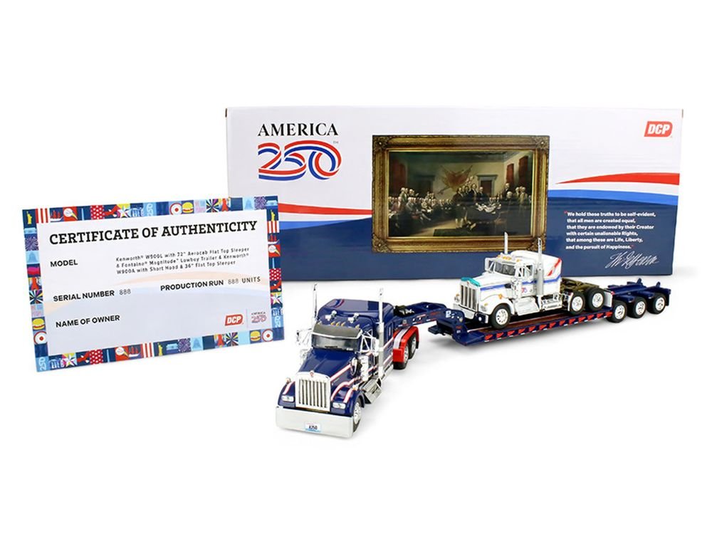 Kenworth W900L with 72" Aerocab Flat Top Sleeper Blue with White Stripes and Fontaine Magnitude Lowboy Trailer with Kenworth W900A Load White with Blue and Red Stripes "America 250" 1/64 Diecast Model by DCP/First Gear view 5