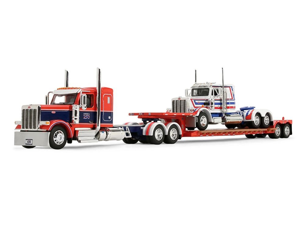 Peterbilt 589 with 44" Flat Top Sleeper Red with Blue Stripes and Fontaine Renegade LXT40 Lowboy Trailer with Peterbilt 359 Load White with Blue and Red Stripes "America 250" 1/64 Diecast Model by DCP/First Gear view 2
