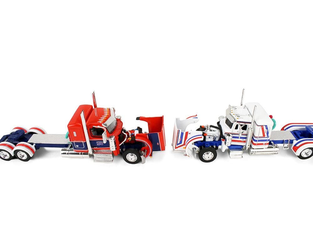 Peterbilt 589 with 44" Flat Top Sleeper Red with Blue Stripes and Fontaine Renegade LXT40 Lowboy Trailer with Peterbilt 359 Load White with Blue and Red Stripes "America 250" 1/64 Diecast Model by DCP/First Gear view 3